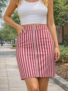 NWT Mango Red & White Vertical Striped Pencil Skirt Zip Front, SZ XXS Fits Small